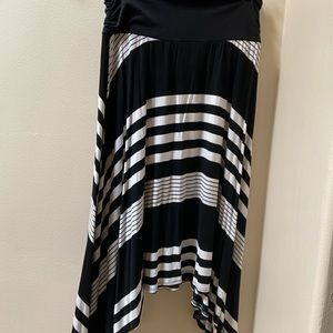 Black and white striped asymmetrical midi skirt